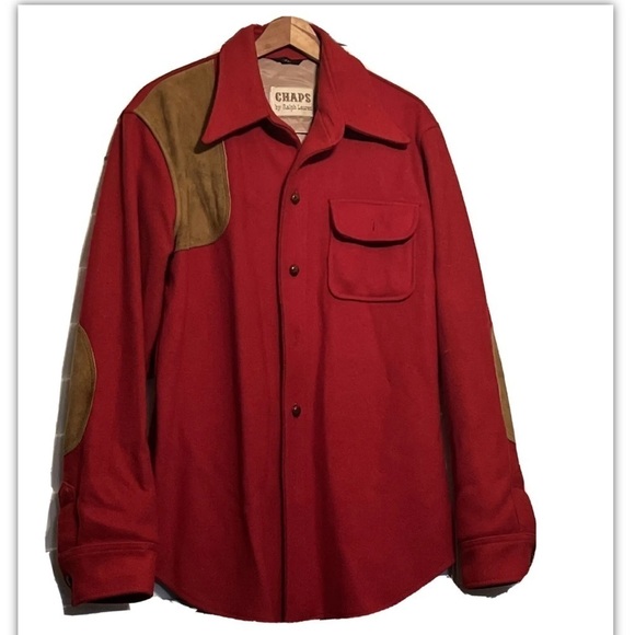Vtg Chaps Ralph Lauren Men Red Sz 44L Wool Blend Suede Elbow Patch Button Shirt - Picture 2 of 8